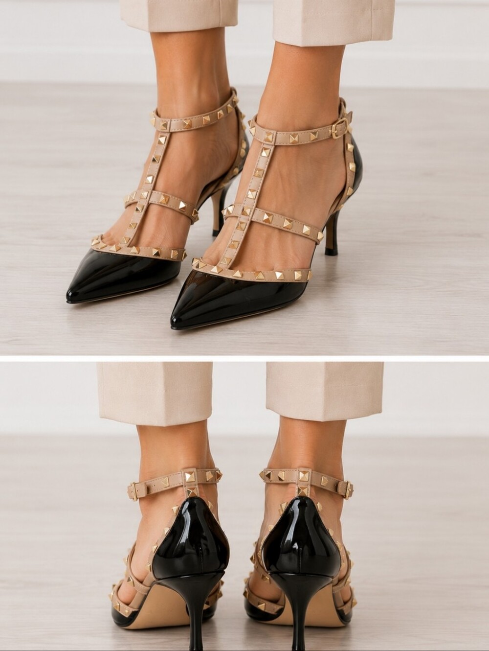 Studded T Strap Pointed Toe Heels Nude Black Patent Size 9